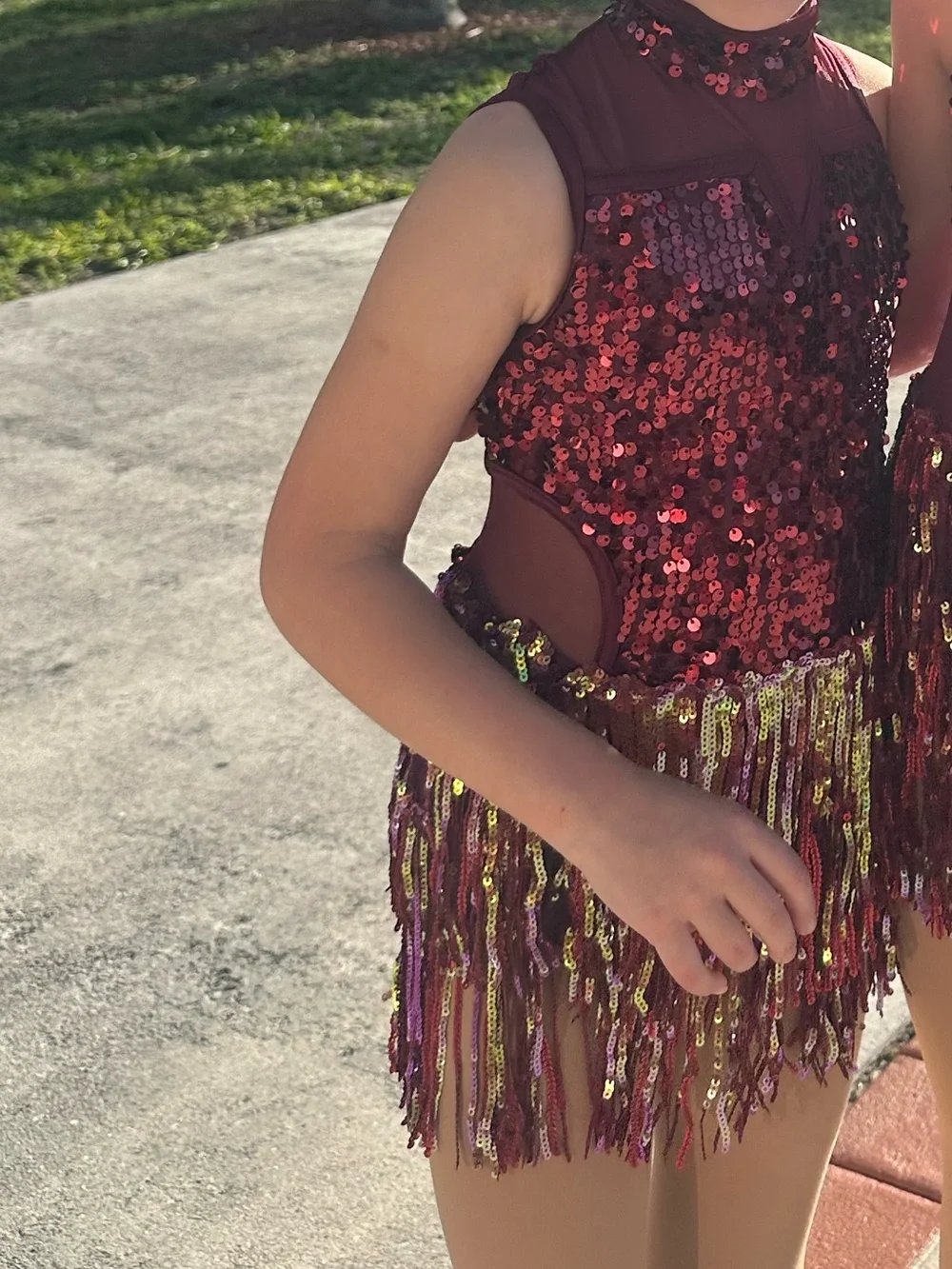 Weissman Burgundy Sequin Dance Costume with Multicolor Fringe